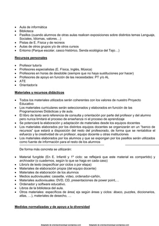 Adaptado de orientaciónandujar.wordpress.com Adaptado de orientaciónandujar.wordpress.com
 Aula de informática
 Biblioteca
 Pasillos (cuando alumnos de otras aulas realicen exposiciones sobre distintos temas Lenguaje,
Sociales, Idiomas, valores…)
 Pistas de E. Física y de recreos
 Aulas de otros grupos y/o de otros cursos
 Entorno (Parque escolar, casco histórico, Senda ecológica del Tajo…)
Recursos personales
 Profesor tutor/a
 Profesores especialistas (E. Física, Inglés, Música)
 Profesores en horas de desdoble (siempre que no haya sustituciones por hacer)
 Profesores de apoyo en función de las necesidades: PT y/o AL
 ATE
 Orientador/a
Materiales y recursos didácticos
 Todos los materiales utilizados serán coherentes con los valores de nuestro Proyecto
Educativo
 Los materiales curriculares serán seleccionados y elaborados en función de las
Programaciones Didácticas y de aula.
 El libro de texto será referencia de consulta y orientación por parte del profesor y del alumno
pero nunca limitará el proceso de enseñanza ni el proceso de aprendizaje
 Se potenciará la elaboración y adaptación de materiales desde los equipos docentes
 Los materiales elaborados por los distintos equipos docentes se organizarán en un “banco de
recursos” que estará a disposición del resto del profesorado, de forma que se rentabilice el
esfuerzo y la creatividad de un profesor, equipo docente u otras instituciones
 Los materiales elaborados por los alumnos y que se expongan por los pasillos serán utilizados
como fuente de información para el resto de los alumnos
De forma más concreta se utilizarán:
 Material fungible (En E. Infantil y 1º ciclo: se reflejará que este material es compartido) y
archivador (o cuadernos, según lo que se haga en cada caso)
 Libro/s de texto (especificar por ciclos o por etapa)
 Materiales de elaboración propia (del equipo docente)
 Materiales de elaboración de los alumnos
 Medios audiovisuales: cassette, vídeo, ordenador-cañón,
 Materiales audiovisuales: DVD, CD, presentaciones de power point,…
 Ordenador y software educativo.
 Libros de la biblioteca del aula.
 Otros materiales: específicos de área( ejs según áreas y ciclos: ábaco, puzzles, diccionarios,
atlas, …), materiales de desecho, …
Medidas normalizadas y de apoyo a la diversidad
 