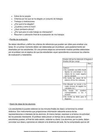 Adaptado de orientaciónandujar.wordpress.com Adaptado de orientaciónandujar.wordpress.com
 Índice de la carpeta
 Criterios por los que se ha elegido un conjunto de trabajos
 Trabajos o realizaciones:
 ¿Por qué lo he elegido?
 ¿Cuándo y cómo lo hice?
 ¿Qué cambiaría ahora?
 ¿Por qué para mi este trabajo es interesante?
 Resumen o valoración final de la evaluación de mis trabajos
- Parrilla de evaluación.
Se deben identificar y definir los criterios de referencia que pueden ser útiles para analizar una
tarea. En un primer momento deben ser elaboradas por el profesor, para posteriormente ser
diseñadas por los estudiantes. En una primera etapa es conveniente mostrar parrillas elaboradas
por el profesor con el objetivo de que los estudiantes vayan aprendiendo a reconocer los criterios
de evaluación y redactarlos.
- Diario de clase de los alumnos.
Los estudiantes lo pueden elaborar en los minutos finales de clase o al terminar la unidad
didáctica. Son instrumentos que proporcionan información relevante acerca de las
representaciones e intereses de los alumnos. Al mismo tiempo, expresan si el tema o la actividad
les ha parecido interesante. El profesor debe prever un tiempo de su clase para que los
estudiantes puedan, al final de cada sesión, redactar su diario. Los alumnos, por su parte, deben
concretar sus ideas y opiniones en relación a la dinámica del aula. Se ha comprobado qué es útil
 