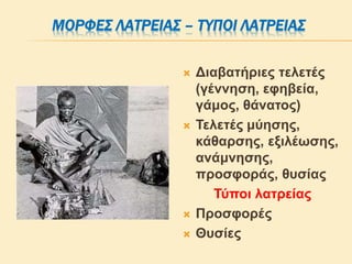 ΜΟΡΦΕΣ ΛΑΤΡΕΙΑΣ – ΤΥΠΟΙ ΛΑΤΡΕΙΑΣ
 Διαβατήριες τελετές
(γέννηση, εφηβεία,
γάμος, θάνατος)
 Τελετές μύησης,
κάθαρσης, εξιλέωσης,
ανάμνησης,
προσφοράς, θυσίας
Τύποι λατρείας
 Προσφορές
 Θυσίες
 