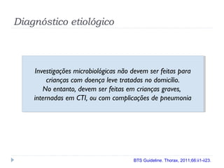 Diagnóstico etiológico
Investigações microbiológicas não devem ser feitas para
crianças com doença leve tratadas no domicílio.
No entanto, devem ser feitas em crianças graves,
internadas em CTI, ou com complicações de pneumonia
Investigações microbiológicas não devem ser feitas para
crianças com doença leve tratadas no domicílio.
No entanto, devem ser feitas em crianças graves,
internadas em CTI, ou com complicações de pneumonia
BTS Guideline. Thorax, 2011;66:ii1-ii23.
 