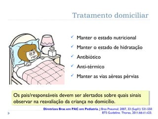 Tratamento domiciliar
 Manter o estado nutricional
 Manter o estado de hidratação
 Antibiótico
 Anti-térmico
 Manter as vias aéreas pérvias
Os pais/responsáveis devem ser alertados sobre quais sinais
observar na reavaliação da criança no domicílio.
Os pais/responsáveis devem ser alertados sobre quais sinais
observar na reavaliação da criança no domicílio.
Diretrizes Bras em PAC em Pediatria. J Bras Pneumol. 2007, 33 (Supl1): S31-S50
BTS Guideline. Thorax, 2011;66:ii1-ii23.
 