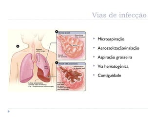 Vias de infecção
 Microaspiração
 Aerossolização/inalação
 Aspiração grosseira
 Via hematogênica
 Contiguidade
 
