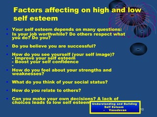 Factors affecting on high and low
self esteem
• Your self esteem depends on many questions:
• Is your job worthwhile? Do others respect what
you do? Do you?
    
• Do you believe you are successful?
 
• How do you see yourself (your self image)?   
- Improve your self esteem
- Boost your self confidence
-  
• How do you feel about your strengths and
weaknesses?
 
• What do you think of your social status?
 
• How do you relate to others?
 
• Can you make your own decisions? A lack of
choices leads to low self esteem. 
10
Understanding and Building
Self Esteem
- Vasudevan
 