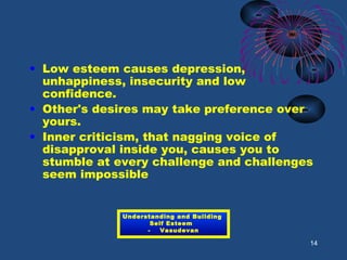 • Low esteem causes depression,
unhappiness, insecurity and low
confidence.
• Other's desires may take preference over
yours.
• Inner criticism, that nagging voice of
disapproval inside you, causes you to
stumble at every challenge and challenges
seem impossible
14
Understanding and Building
Self Esteem
- Vasudevan
 