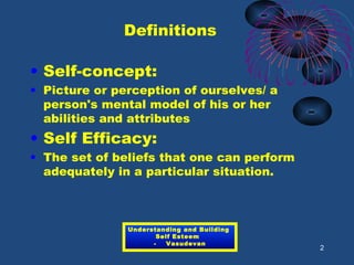 Definitions
• Self-concept:
• Picture or perception of ourselves/ a
person's mental model of his or her
abilities and attributes
• Self Efficacy:
• The set of beliefs that one can perform
adequately in a particular situation.
2
Understanding and Building
Self Esteem
- Vasudevan
 