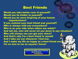 23
Best Friends
• Would you take better care of yourself?
• Would you be kinder to yourself?
• Would you be more forgiving of your human
• imperfections?
• If you realized your best friend was yourself?
• Who is always with you everywhere?
• Who is on your side when others are unfair?
• And tell me, who will never let you down in any situation?
• Who will always see you get your share?
• And that’s why I’m a best friend to myself.
• And I take me out whenever I feel low.
• And I make my life as happy as a best friend would
• I’m as nice to me as anyone I know!
Understanding and Building
Self Esteem
- Vasudevan
 