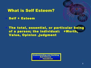 What is Self Esteem?
• Self + Esteem
• The total, essential, or particular being
of a person; the individual: +Worth,
Value, Opinion ,judgment
5
Understanding and Building
Self Esteem
- Vasudevan
 