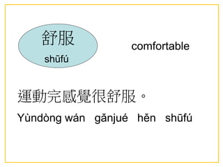 comfortable
運動完感覺很舒服。
Yùndòng wán gǎnjué hěn shūfú
舒服
shūfú
 
