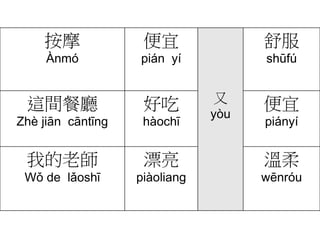 按摩
Ànmó
便宜
pián yí
又
yòu
舒服
shūfú
這間餐廳
Zhè jiān cāntīng
好吃
hàochī
便宜
piányí
我的老師
Wǒ de lǎoshī
漂亮
piàoliang
溫柔
wēnróu
 