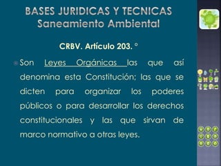 CRBV. Artículo 203. °
 Son Leyes Orgánicas las que así
denomina esta Constitución; las que se
dicten para organizar los poderes
públicos o para desarrollar los derechos
constitucionales y las que sirvan de
marco normativo a otras leyes.
 