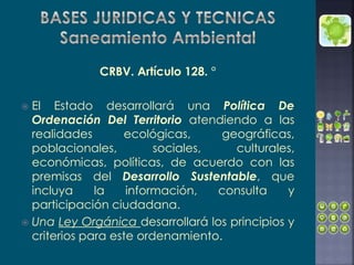CRBV. Artículo 128. °
 El Estado desarrollará una Política De
Ordenación Del Territorio atendiendo a las
realidades ecológicas, geográficas,
poblacionales, sociales, culturales,
económicas, políticas, de acuerdo con las
premisas del Desarrollo Sustentable, que
incluya la información, consulta y
participación ciudadana.
 Una Ley Orgánica desarrollará los principios y
criterios para este ordenamiento.
 
