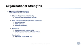 12
SoftAge Information Technology Ltd. : Confidential
Organizational Strengths
• Management Strength
• 20 years of experience in the industry
• Setup in 1994; incorporated in 2000
• 600+ fully equipped spoke offices and warehouses
• Biometric access
• CCTV vigilance
• Internet Connectivity
• Presence in
• 25 states in India and 500 cities
• UAE, Kenya, Zambia, Saudi Arabia, T’Chad
• Memberships
• NASSCOM, FICCI, PRISM, ESC
 