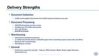 15
SoftAge Information Technology Ltd. : Confidential
Delivery Strengths
• Document Collection
• 4,000 runners gather documents from 6,000 customer locations every day
• Document Processing
• 500,000 documents per day or more
• Handled over 570 million documents
• Over 135 TB data
• OLA TAT of 2 hours
• Warehousing
• International standard warehouses
• 1.7 billion documents stored in 430,000 square feet of warehouse space across India and Africa
• Retrieval and re-warehousing
• Shredding as a service
• General
• Clients from across the verticals – Telecom, BFSI, Aviation, Media, Realty, Legal, Education,
Government, etc.
 