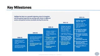 4
SoftAge Information Technology Ltd. : Confidential
Key Milestones
2004-06
2006-10
2011-12
2013-14..
SoftAge has been on a growth trajectory since its inception
and has gained expertise by working with clients in different
sectors and gained various accolades during this journey
• Registered as limited
company based in
Delhi; Launched DMS
services
• Launched its scanning
services by processing
PAN cards for GOI
• Launched data processing
and scanning services in
other states of India
• Initiated Warehousing
services
• Increased strength from
100 employees to ~1000
employees
• Address verification of
3 millions mobile
phone subscribers of
telecom company in 6
months
 Manpower increased
to 5000+ in 2008
 ISO Certification
 Re-verification of 50
millions KYC’s for
telecom giant in 6
months
 Became member of
NASSCOM
• SoftAge has shown
growth at CAGR of
59% and achieved
USD 25 million
revenue in 2012-13
• Launched offices in
UAE, Kenya, & Zambia
 Ranked in Deloitte
Technology Fast 50
India and Fast 500
Asia Pacific 2012
 D&B-Axis Bank
Business Gaurav
Awards 2011
2000-03
• SoftAge launched
office in KSA
• Achieved USD 33
millions revenue from
India operations in
2013-14
 Initiated key project
of setting up PECs
for UIDAI in 2014
 Manpower increased
to 11,000+ employees
in 2013
 Certified for
Information Security
 Business Leadership
Awards 2014 by
Worldwide Achievers
 Launched Office in
T’Chad
 
