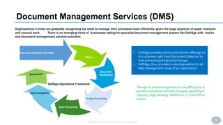 9
SoftAge Information Technology Ltd. : Confidential
Document Management Services (DMS)
• SoftAge provides end-to-end solution offerings to
its customers right from DocumentCollection to
data processing and physical storage
• SoftAge, thus, provides a one stop solution to all
data management issues of an organization
Through its extensive experience in the DMS space, it
provides customized solutions to players operating in
Telecom, Legal, Banking, Healthcare, IT, Govt & PSU
sectors
Organizations in India are gradually recognizing the need to manage their processes more efficiently, given the large quantum of paper intensive
and manual work. There is an emerging trend of businesses opting for specialist document management players like SoftAge with end-to-
end document management solution providers
Document Collection & Audit
Office
Document
Verification
Data Compilation
Image Processing
Data Processing
SoftAge Operations Framework
 