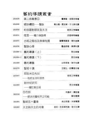 舊約導言賣叢書
101028 第二依撒意亞 詹德陸、張雪珠等著
101048 絕妙禱詞一一聖詠 喬治薯，房志榮、于士錚合譯
101050 約伯面對朋友及天主 劉家正等繃著
101051 ~E 簡介與詮釋 胡國橫等編著
101055 古經之風俗及典章制度 羅蘭德富著，楊世雄譚
101056 聖詠心得 魯益師著，黃懷秋譯
101064-1 舊約導讀(上) 房志榮著
101064-2 舊約導讓(一F) 房志榮著
月，“司
101068 舊約導覽 j少邦(架著，陳芳怡譯
101070 聖經十講 王敬弘、劉賽眉合著
耶助米亞先知
107047 劉家正等繡著
一一他的生活和信息
創世紀研究
房志榮編著101080
I曾訂第五版
亞巴郎 布魯斯﹒費勒著
302034
一一肥決月蟹和平之可能 鄭明萱譯
101081 聖經五十畫像 尚士則著，林崇慧譯
101082 天主與天主的肖像 直明﹒巴多祿茂薯，劉河北譯
 
