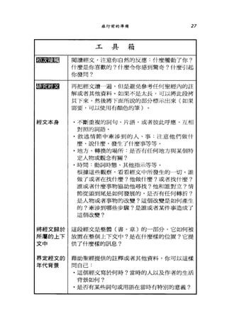 旅行前的準備 27
工具箱
圖靈盟 |閱讀經文，注意你自然的反應:什麼觸動了你?
什麼是你喜歡的?什麼令你感到驚奇?什麼引起
你發問?
噩噩噩噩 |再把經文讀一遍，但是避免參考任何聖經內的註
解或者其他資料。如果不是太長，可以將此段拷
貝下來，然後將下面所說的部分標示出來(如果
需要，可以使用有顏色的筆)
經文本身 |﹒不斷重複的詞句、片語，或者彼此呼應、互相
對照的詞語。
﹒敘述情節中牽涉到的人、事:注意他們做什
麼、說什麼，發生了什麼事等等。
﹒地方、轉換的場所:是否有任何地方與某個特
定人物或觀念有關?
﹒時間:動詞時態、其他指示等等。
根撮這些觀察，看看經文中所發生的一切。誰
做了或者在找什麼?他做什麼?或者找什麼?
誰或者什麼事物協助他尋找?他和誰對立?情
節從頭到尾是如何發展的，是否有任何轉折?
是人物或者事物的改變?這個改變是如何產生
的?牽涉到哪些步驟?是誰或者某件事造成了
這個改變?
將經文歸於 i 這段經文是整體(書、章)的一部分，它如何被
所屬的上下|放置在整個上下文中?是在什麼樣的位置?它提
文中 !供了什麼樣的訊息?
界定經文的|藉助聖經提供的註釋或者其他資料，你可以這樣
年代背景 |問自己:
﹒這個經文寫於何時?當時的人以及作者的生活
背景如何?
﹒是否有某些詞句或用語在當時有特別的意義?
 