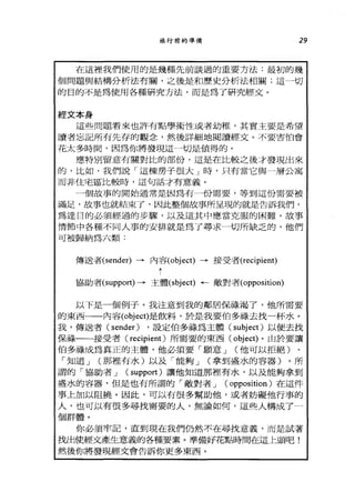 旅行前的準備 29
在這裡我們使用的是幾種先前談過的重要方法:最初的幾
個問題與結構分析法有關，之後是和歷史分析法相關;這一切
的目的不是為使用各種研究方法，而是為了研究經丈。
經文本身
這些問題看來也許有點學術性或者幼稚，其實主要是希望
讀者忘記所有先存的觀念，然後詳細地閱讀經丈。不要害怕會
花太多時間，因為你將發現這一切是值得的。
應特別留意有關對此的部份，這是在比較之後才發現出來
的，比如，我們說「這棟房子很大」時，只有當它與一層公寓
而非住宅區比較時，這句話才有意義。
一個故事的開始通常是因為有一份需要，等到這份需要被
滿足，故事也就結束了，因此整個故事所呈現的就是告訴我們，
為達目的必須經過的步驟，以及這其中應當克服的困難。故事
情節中各種不同人事的安排就是為了尋求一切所缺乏的，他們
可被歸納為六類:
傳送者(sender) →內容(object) →接受者(recipient)
協助者(support) →主體(sbject) ←敵對者(opposition)
以下是一個例子。我注意到我的鄰居保誰渴了，他所需要
的東西一一內容(object)是飲料，於是我要伯多祿去找一杯水。
我，傳送者 (sender) ，設定伯多祿為主體 (subject) 以便去找
保祿一一接受者( recipient) 所需要的東西( object) 。由於要讓
伯多祿成為真正的主體，他必須要「願意 J (他可以拒絕)
「女口道 J (那裡有水)以及「能夠 J (拿到盛水的容器)。所
謂的「協助者 J (suppo的讓他知道那裡有水，以及能夠拿到
盛水的容器，但是也有所謂的「敵對者 J ( opposition )在這件
事上加以阻撓。因此，可以有很多幫助他，或者妨礙他行事的
人，也可以有很多尋找需要的人，無論如何，這些人構成了一
個群體。
你必須牢記，直到現在我們仍然不在尋找意義，而是試著
找出使經文產生意義的各種要素。準備好花點時間在這上頭吧!
然後你將發現經文會告訴你更多東西。
 