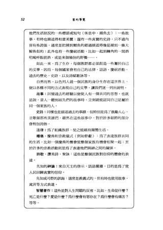 52 舊約導覽
他們生活狀況的一些標語或短句(休息中、捕魚去) ;一些故
事，有時也描述得相當美麗;還有一些真實的史詩，只不過內
容有些詩張，通常是把捕到鯉魚的經過描述得像是捕到一條大
鯨魚似的;此外也有一些慶祝活動，比如一起到轉角的一間酒
吧喝杯飯前酒，或是來個愉快的野餐...
如此一來，為了生存，每個族群都必讀創造一些屬於自己
的文學，因而，每個國家會有自己的法律、話語、慶祝活動、
過去的歷史、史詩、以及詩賦歌詠等。
自然而然，以色列人就一個民族的身分生存在這世界上，
便以各種不同的方式表現自己的文學，讓我們逐一列出說明。
故事:回憶過去的經驗以便使人有一個共同的思想。也就
是說，當人一聽到祖先們的故事時，立刻就能認同自己是屬於
同一個家族的人。
史詩:同樣也是描述過去的事蹟，但特別是為了激勵人心，
並歌頌那些英雄們，雖然在這些故事中，對於許多細節的部分
會稍加誇飾。
法律:為了組織族群，使之能維持團體生活。
禮儀、慶典和宗教儀式(例如祭獻) :為了表達族群共同
的生活，比如 a個慶典的餐會使整個家族有機會相聚一起;至
於許多的宗教活動則是為了表達他們與神之間的關係。
詩歌、讚美詩、聖詠:這些是整個民族對信仰的體會的表
達。
先知的神請:來白天主的啟示，話語嚴肅，目的是為了使
人民回歸真實的信仰。
先知或可祭的訓誨:通常是教義式的，但有時也使用故事、
寓言等方式表達。
智慧著作:這些是對人生問題的反省，比如，生命是什麼?
死亡是什麼?愛是什麼?為什麼會有惡存在?為什麼會有痛苦令
等等。
 