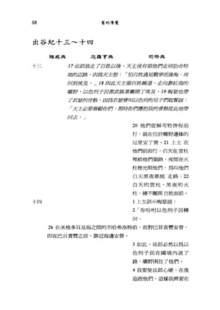58 舊約導覽
出谷紀十三~十四
雅風典 ra羅亨典 司學典
十三 17 法部放走了百姓以後，天主沒有頡他們走培肋舍特
十四
地的近路，因為天主想 íj他百姓遇見戰爭而後悔，再
回到埃及。 _j 18 因此天主領百姓繞道，走向靠紅海的
曠野。以色列子民都武裝著離開了埃及。 19 梅瑟也帶
了若瑟的骨數，因為若瑟會叫以色列的兒子們起誓說:
「天主必要眷顧你們，那時你們應把我的骨骸從此地帶
回去。 J
2。他們從穌苛特啟程前
行，就在位於曠野邊緣的
厄堂安了營。 21 上主在
他們前面行，白天在雲柱
裡給他們領路，夜間在火
柱裡光照他們，為叫他們
白天黑夜都能走路: 22
白天的雲柱，黑夜的火
柱，總不離開百姓面前。
1 上主制示梅瑟說:
2 ，-你吩咐以色列子民轉
回，
站在米格多耳及海之間的丕哈希洛特前，面對巴耳責豐安營，
即在巴耳責豐之前，靠近海邊安營。
3 如此，法郎必然以為以
色列子民在國境內迷了
路，曠野困住了他們。
4 我要使法郎，心硬，在後
追趕他們，這樣我將要在
 