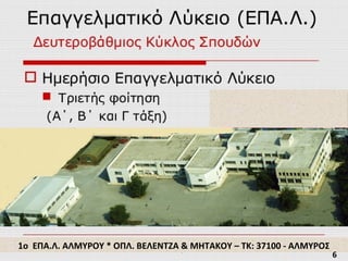 1ο ΕΠΑ.Λ. ΑΛΜΥΡΟΥ * ΟΠΛ. ΒΕΛΕΝΤΖΑ & ΜΗΤΑΚΟΥ – ΤΚ: 37100 - ΑΛΜΥΡΟΣ
6
 