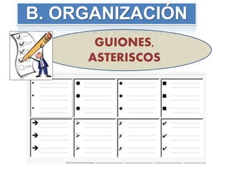 GUIONES,
ASTERISCOS
B. ORGANIZACIÓN
 