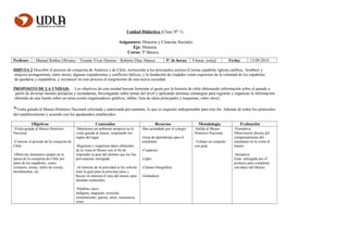 Unidad Didáctica (Clase Nº 1)
Asignatura: Historia y Ciencias Sociales
Eje: Historia
Curso: 5º Básico
Profesor: : Manuel Robles Olivares – Vicente Vivar Herrera – Roberto Díaz Abarca Nº de horas: 4 horas (reloj) Fecha: 13-09-2014
HI05 OA 2 Describir el proceso de conquista de América y de Chile, incluyendo a los principales actores (Corona española, Iglesia católica, hombres y
mujeres protagonistas, entre otros), algunas expediciones y conflictos bélicos, y la fundación de ciudades como expresión de la voluntad de los españoles
de quedarse y expandirse, y reconocer en este proceso el surgimiento de una nueva sociedad.
PROPOSITO DE LA UNIDAD: Los objetivos de esta unidad buscan fomentar el gusto por la historia de chile obteniendo información sobre el pasado a
partir de diversas fuentes primarias y secundarias, Investigando sobre temas del nivel y aplicando distintas estrategias para registrar y organizar la información
obtenida de una fuente sobre un tema (como organizadores gráficos, tablas, lista de ideas principales y esquemas, entre otros).
*Visita guiada al Museo Histórico Nacional solicitada y autorizada previamente, lo que es requisito indispensable para éste fin. Además de todos los protocolos
del establecimiento y acuerdo con los apoderados establecidos.
Objetivos Contenidos Recursos Metodología Evaluación
-Visita guiada al Museo Histórico
Nacional.
-Conocen el periodo de la conquista de
Chile.
-Observan elementos usados en la
época de la conquista de Chile por
parte de los españoles, como,
vestuario, armas, útiles de cocina,
herramientas, etc.
-Mantienen un ambiente propicio en la
visita guiada al museo, respetando las
reglas del lugar.
-Registran y organizan datos obtenidos
de la visita al Museo con el fin de
responder la guía del alumno que les fue
previamente entregada.
-Al término de la actividad se les solicita
traer la guía para la próxima clase y
buscar en internet el sitio del museo para
ahondar contenidos.
-Palabras clave:
Indígena, mapuche, invasión,
sometimiento, guerra, sitiar, resistencia,
reino.
-Bus arrendado por el colegio.
-Guía de aprendizaje para el
estudiante.
-Cuaderno.
-Lápiz.
-Cámara fotográfica.
-Grabadora.
-Salida al Museo
Histórico Nacional.
-Trabajo en conjunto
con guía.
-Formativa:
Observación directa del
comportamiento del
estudiante en la visita al
museo.
-Sumativa:
Guía entregada por el
profesor para completar
con datos del Museo.
 