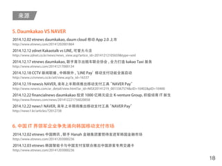 来源
18
5. Daumkakao VS NAVER
2014.12.02 etnews daumkakao, daum cloud 移动 App 2.0 上市
http://www.etnews.com/20141202001864
2014.12.12 zdnet Kakaotalk vs LINE, 可爱大斗法
http://www.zdnet.co.kr/news/news_view.asp?artice_id=20141212105659&type=xml
2014.12.17 etnews daumkakao, 联手首尔出租车联合协会 , 全力打造 kakao Taxi 服务
http://www.etnews.com/20141217000134
2014.12.18 CCTV 新闻联播 , 中韩除外 ,‘LINE Pay’移动支付功能全面启动
http://www.cctvnews.co.kr/atl/view.asp?a_id=16337
2014.12.19 newsis NAVER, 来年上半期将推出移动支付工具 ”NAVER Pay”
http://www.newsis.com/ar_detail/view.html?ar_id=NISX20141219_0013367574&cID=10402&pID=10400
2014.12.22 financialnews daumkakao 投资 1000 亿韩元设立 K-venture Group，积极培育 IT 新生
http://www.fnnews.com/news/201412221756020058
2014.12.22 news1 NAVER, 来年上半期将推出移动支付工具 ”NAVER Pay”
http://news1.kr/articles/?2012738
6. 中国 IT 界领军企业争先涌向韩国移动支付市场
2014.12.02 etnews 中国腾讯 , 联手 Hanah 金融集团蓄势待发进军韩国金融市场
http://www.etnews.com/20141203000236
2014.12.03 etnews 韩国智能卡与中国支付宝联合推出中国游客专用交通卡
http://www.etnews.com/20141203000236
 