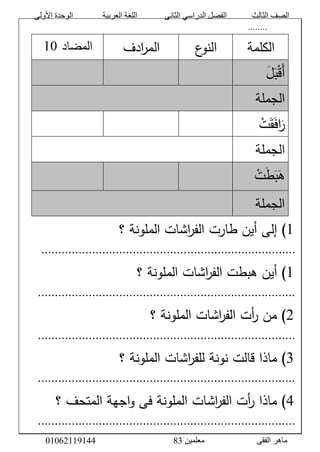 ‫األولى‬ ‫الوحدة‬ ‫العربية‬ ‫اللغة‬ ‫الثانى‬ ‫الدراسي‬ ‫الفصل‬ ‫الثالث‬ ‫الصف‬
‫معلمين‬ ‫الفقى‬ ‫ماهر‬3810191006000
َََََََََََََّّّّّّّّّّّّّ........َََّّّ
‫الكلمة‬َّ‫ع‬‫النو‬ََّّ‫ادف‬‫ر‬‫الم‬َّ‫المضاد‬َّ01ََّّ
ََّ‫ل‬َ‫ب‬ْ‫ق‬َ‫أ‬ََََّّّّ
‫الجملة‬ََّّ
َّْ‫ت‬َ‫ق‬َ‫ف‬‫ا‬َ‫ر‬ََََّّّّ
‫الجملة‬ََّّ
َّ ْ‫ت‬َ‫ط‬َ‫ب‬َ‫ه‬ََََّّّّ
َّ‫الجملة‬ََّّ
َّ0)ََّّ‫إلى‬َّ‫اشاتَّالملونةَّ؟‬‫ر‬‫أينَّطارتَّالف‬َّ
...........................................................................َّ
َّ0َّ‫اشاتَّالملونةَّ؟‬‫ر‬‫)َّأينَّهبطتَّالف‬َّ
............................................................................َّ
َّ1َّ‫اشاتَّالملونةَّ؟‬‫ر‬‫أتَّالف‬‫ر‬َّ‫)َّمن‬َّ
............................................................................َّ
َّ8َّ‫اشاتَّالملونةَّ؟‬‫ر‬‫)َّماذاَّقالتَّنونةَّللف‬َّ
............................................................................َّ
َّ0َّ‫اجهةَّالمتحفَّ؟‬‫و‬َّ‫اشاتَّالملونةَّفى‬‫ر‬‫أتَّالف‬‫ر‬َّ‫)َّماذا‬َّ
............................................................................َّ
 