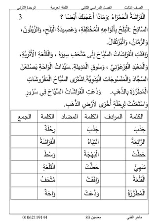 ‫األولى‬ ‫الوحدة‬ ‫العربية‬ ‫اللغة‬ ‫الثانى‬ ‫الدراسي‬ ‫الفصل‬ ‫الثالث‬ ‫الصف‬
‫معلمين‬ ‫الفقى‬ ‫ماهر‬3810191006000
ََّّ‫ة‬َ‫ش‬‫ا‬َ‫ر‬َ‫ف‬ْ‫ل‬‫ا‬َّ‫اء‬َ‫ر‬ْ‫م‬َ‫ح‬ْ‫ل‬‫ا‬:ََّ‫ذ‬‫ا‬َ‫م‬َ‫و‬‫ا‬ََّ‫ك‬َ‫ب‬َ‫ج‬ْ‫َع‬‫أ‬‫ا‬ً‫ض‬ْ‫َي‬‫أ‬‫؟‬ََََََََََََََََّّّّّّّّّّّّّّّّ8َّ
َّ‫ح‬‫ائ‬‫الس‬:َّ‫ح‬َ‫ل‬َ‫ب‬ْ‫ل‬‫ا‬َّ‫ه‬‫اع‬َ‫و‬ْ‫َن‬‫أ‬‫ب‬،‫ة‬َ‫ف‬‫ل‬َ‫ت‬ْ‫خ‬‫م‬ْ‫ل‬‫ا‬َّ‫ة‬َ‫يد‬‫ص‬َ‫ع‬َ‫و‬،‫ح‬َ‫ل‬َ‫ب‬ْ‫ل‬‫ا‬،‫ون‬‫ت‬ْ‫ي‬‫الز‬َ‫و‬
،‫ان‬‫م‬ُّ‫الر‬َ‫و‬َّ‫ال‬َ‫ق‬‫ت‬ْ‫ر‬‫ب‬ْ‫ل‬‫ا‬َ‫و‬.
َّ‫ت‬َ‫ق‬َ‫ف‬‫ا‬َ‫ر‬َّ‫ات‬َ‫ش‬‫ا‬َ‫ر‬َ‫ف‬ْ‫ل‬‫ا‬ََّ‫اح‬‫ُّي‬‫الس‬‫ى‬َ‫ل‬‫إ‬َّ‫ف‬َ‫ح‬ْ‫ت‬‫م‬ََّ‫ة‬َ‫يو‬‫س‬،َّ‫ة‬َ‫ع‬ْ‫ل‬َ‫ق‬ْ‫ل‬‫ا‬َ‫و‬،‫ة‬‫ي‬‫ر‬َ‫ث‬َْ‫ال‬
َّ‫د‬َ‫ب‬ْ‫ع‬َ‫م‬ْ‫ل‬‫ا‬َ‫و‬َِّّ‫ي‬‫ن‬ْ‫و‬َ‫ع‬ْ‫ر‬‫ف‬ْ‫ل‬‫ا‬،َّ‫وق‬‫س‬َ‫و‬َّ‫ة‬َ‫ين‬‫د‬َ‫م‬ْ‫ل‬‫ا‬..َّ‫ات‬َ‫ِّد‬‫ي‬َ‫س‬َّ‫ة‬َ‫اح‬َ‫و‬ْ‫ل‬‫ا‬ََّ‫ن‬ْ‫ع‬َ‫ن‬ْ‫ص‬َ‫ي‬
ََّ‫اد‬‫ج‬‫الس‬‫ات‬َ‫وج‬‫س‬ْ‫ن‬َ‫م‬ْ‫ل‬‫ا‬َ‫و‬ََّ‫ة‬‫ي‬‫و‬َ‫د‬َ‫ي‬ْ‫ل‬‫ا‬.‫ى‬َ‫ر‬َ‫ت‬ْ‫ش‬‫ا‬َّ‫اح‬‫ُّي‬‫الس‬َّ‫ات‬َ‫ش‬‫و‬‫ر‬ْ‫ف‬َ‫م‬ْ‫ل‬‫ا‬
ََّ‫ة‬َ‫ز‬‫ر‬َ‫ط‬‫م‬ْ‫ل‬‫ا‬َّ‫ب‬َ‫ه‬‫الذ‬‫ب‬.َََََّّّّّ‫ت‬َ‫ع‬‫د‬َ‫و‬َّ‫ات‬َ‫ش‬‫ا‬َ‫ر‬َ‫ف‬ْ‫ل‬‫ا‬ََّ‫اح‬‫ُّي‬‫الس‬‫ي‬‫ف‬َّ‫ور‬‫ر‬‫س‬
ََّ‫ع‬َ‫ت‬ْ‫اس‬َ‫و‬َّْ‫ت‬‫د‬َّ‫ة‬َ‫ل‬ْ‫ح‬‫ر‬‫ل‬َّ‫ض‬ْ‫ىَّلر‬َ‫ر‬ْ‫خ‬‫أ‬َّ‫ب‬َ‫ه‬‫الذ‬.َّ
‫الكلمة‬َّ‫ادف‬‫ر‬‫الم‬َّ‫الكلمة‬َّ‫المضاد‬َّ‫الكلمة‬َّ‫الجمع‬َّ
ََّ‫ب‬َ‫ذ‬َ‫ج‬ََََّّّ‫ج‬ََّ‫ذ‬ََّ‫ب‬َََّّّ‫ر‬َّْ‫ح‬ََّ‫ل‬َّ‫ة‬ََّّ
َّ‫ة‬َ‫ع‬‫ائ‬‫الر‬َََّّّْ‫ان‬َّ‫ت‬ََّ‫ب‬َّ‫اه‬َََّّّ‫ة‬َ‫ش‬‫ا‬َ‫ر‬َ‫ف‬ْ‫ل‬‫ا‬ََّّ
َّْ‫ت‬‫ط‬َ‫ح‬َََّّّْ‫ل‬‫ا‬ََّ‫ب‬َّْ‫ه‬ََّ‫ج‬َّ‫ة‬ََََّّّ‫ط‬ْ‫س‬َ‫و‬ََّّ
َّ‫ي‬‫ه‬َ‫ش‬ََََّّّ‫ح‬َّ‫ط‬َّْ‫ت‬َََّّّ‫ة‬َ‫ع‬ْ‫ل‬َ‫ق‬ْ‫ل‬‫ا‬ََّّ
َّ‫ة‬َ‫ع‬ْ‫ل‬َ‫ق‬ْ‫ل‬‫ا‬َََّّّْ‫ت‬َ‫ق‬َ‫ف‬‫ا‬َ‫ر‬َََّّّ‫ف‬َ‫ح‬ْ‫ت‬‫م‬ََّّ
َّْ‫ل‬‫ا‬َّ‫ة‬َ‫ز‬‫ر‬َ‫ط‬‫م‬َََّّّْ‫ت‬َ‫ع‬‫د‬َ‫و‬َََّّّ‫ة‬َ‫اح‬َ‫و‬ََّّ
َّ
 