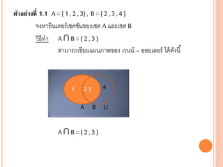 ตัวอย่างที่ 1.1 A = { 1 ,2 , 3} , B = { 2 ,3 ,4 }
จงหาอินเตอร์เซคชันของเซต A และเซต B
วิธีทา A ∩ B = { 2 , 3 }
สามารถเขียนแผนภาพของ เวนน์ – ออยเลอร์ ได้ดังนี้
4
A B U
A ∩ B = { 2 , 3 }
1 2 3
 
