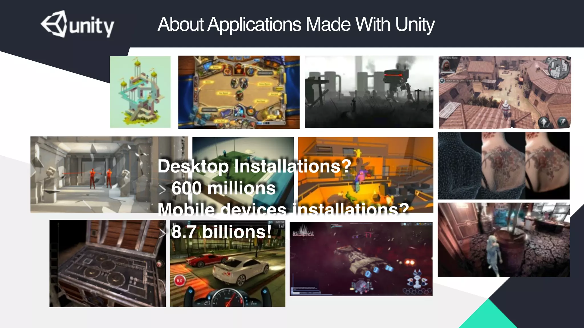AboutApplications Made With Unity
Desktop Installations? !
600 millions!
Mobile devices installations?!
8.7 billions!
 