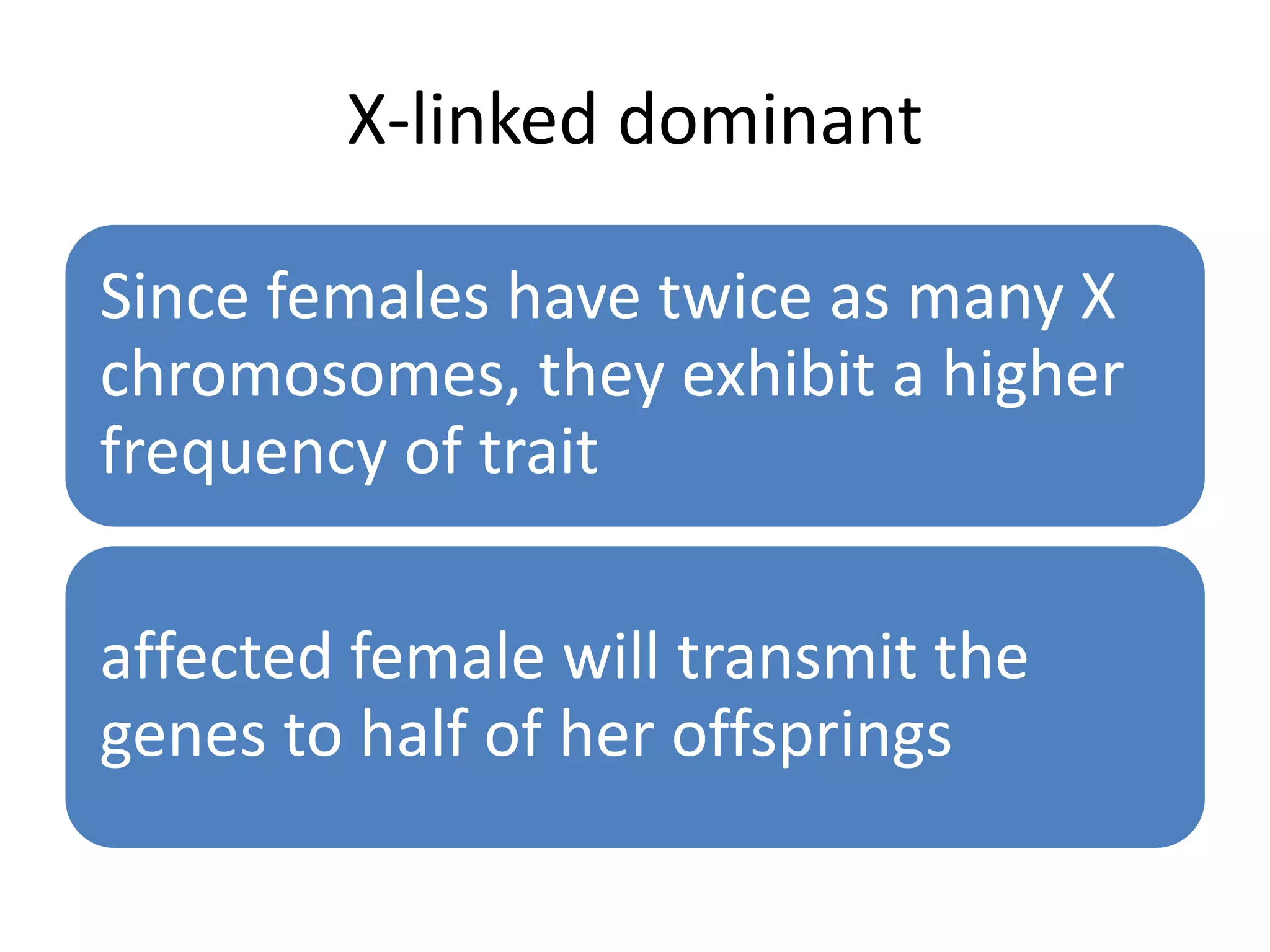X-linked dominant
Since females have twice as many X
chromosomes, they exhibit a higher
frequency of trait
affected female will transmit the
genes to half of her offsprings
 
