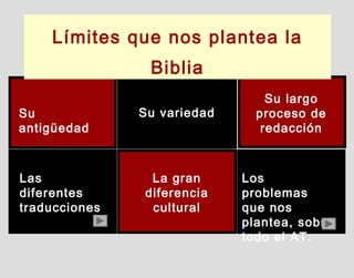 Su
antigüedad
Su variedad
Su largo
proceso de
redacción
Las
diferentes
traducciones
La gran
diferencia
cultural
Los
problemas
que nos
plantea, sobre
todo el AT.
Límites que nos plantea la
Biblia
 