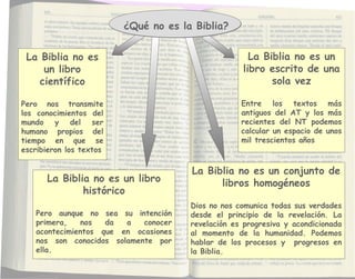 La Biblia no es
un libro
científico
Pero nos transmite
los conocimientos del
mundo y del ser
humano propios del
tiempo en que se
escribieron los textos
La Biblia no es un libro
histórico
Pero aunque no sea su intención
primera, nos da a conocer
acontecimientos que en ocasiones
nos son conocidos solamente por
ella.
La Biblia no es un
libro escrito de una
sola vez
Entre los textos más
antiguos del AT y los más
recientes del NT podemos
calcular un espacio de unos
mil trescientos años
La Biblia no es un conjunto de
libros homogéneos
Dios no nos comunica todas sus verdades
desde el principio de la revelación. La
revelación es progresiva y acondicionada
al momento de la humanidad. Podemos
hablar de los procesos y progresos en
la Biblia.
¿Qué no es la Biblia?
 