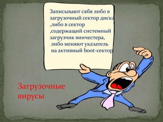 Загрузочные
вирусы
Записывают сябя либо в
загрузочный сектор диска
,либо в сектор
,содержащий системный
загрузчик винчестера,
либо меняют указатель
на активный boot-сектор.
 
