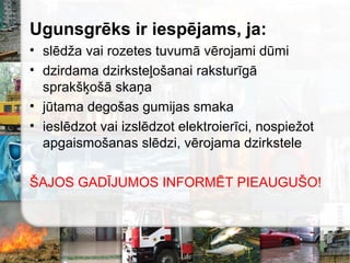Ugunsgrēks ir iespējams, ja:
• slēdža vai rozetes tuvumā vērojami dūmi
• dzirdama dzirksteļošanai raksturīgā
sprakšķošā skaņa
• jūtama degošas gumijas smaka
• ieslēdzot vai izslēdzot elektroierīci, nospiežot
apgaismošanas slēdzi, vērojama dzirkstele
ŠAJOS GADĪJUMOS INFORMĒT PIEAUGUŠO!
 