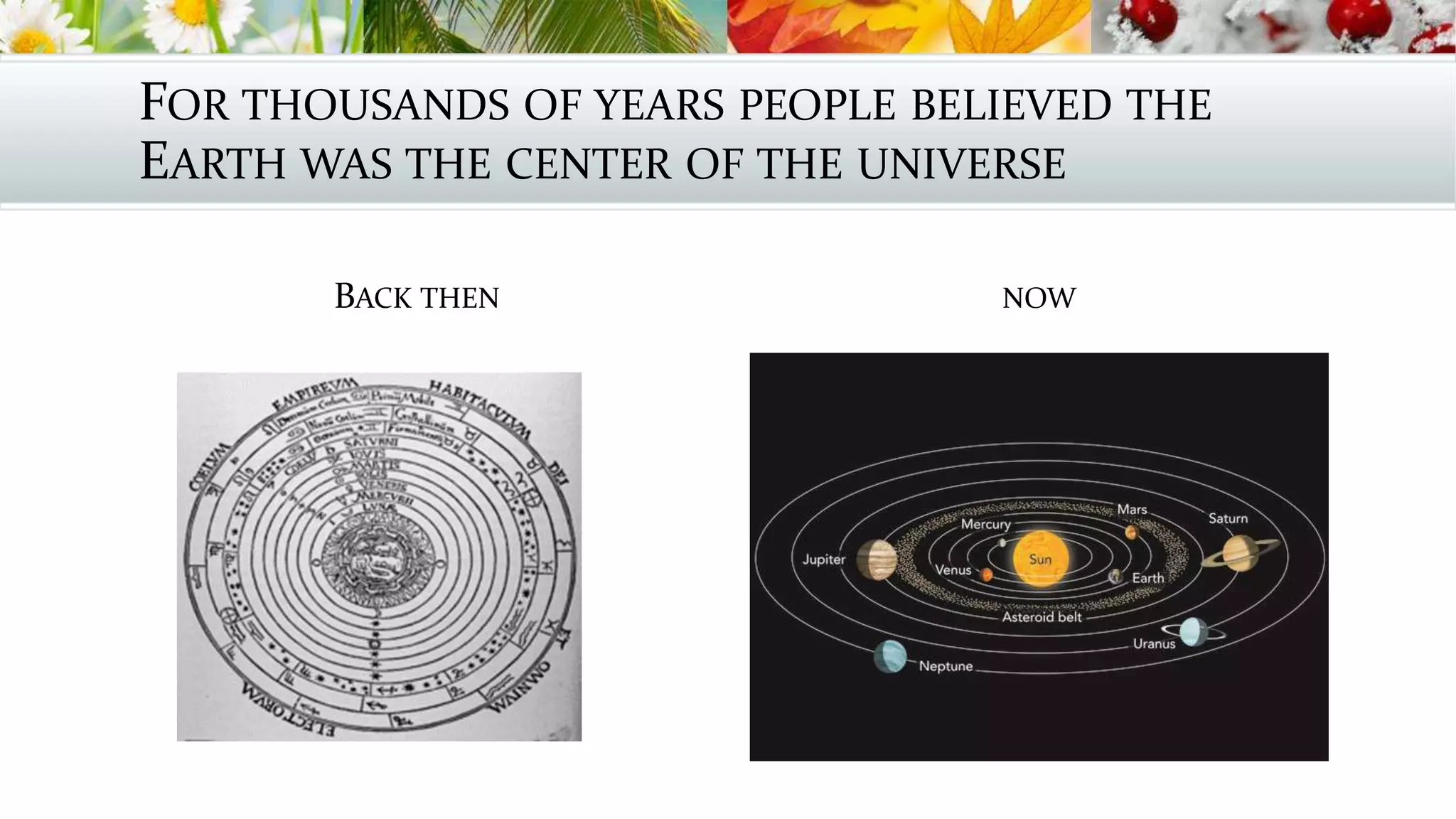 FOR THOUSANDS OF YEARS PEOPLE BELIEVED THE
EARTH WAS THE CENTER OF THE UNIVERSE
BACK THEN NOW
 