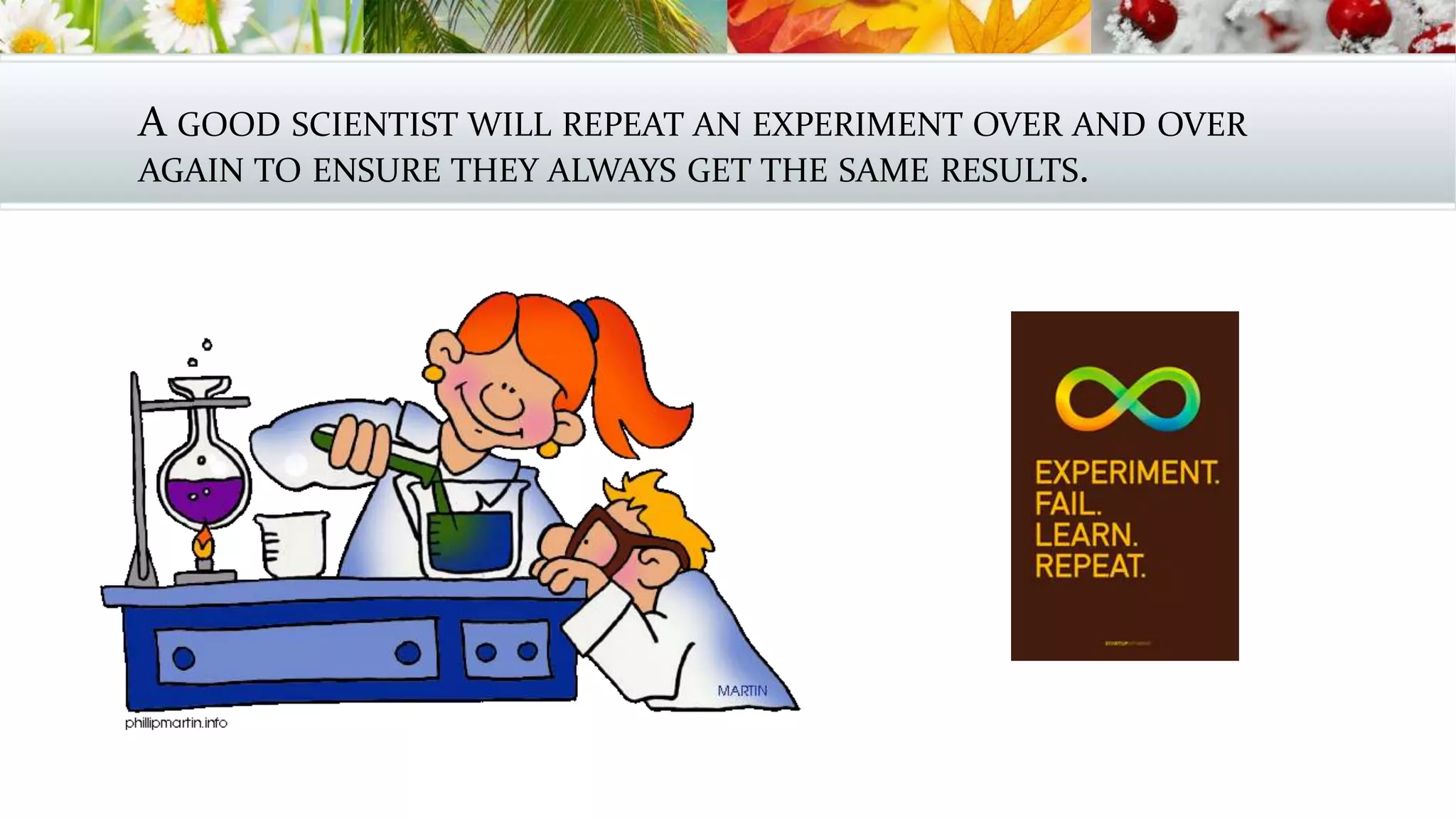 A GOOD SCIENTIST WILL REPEAT AN EXPERIMENT OVER AND OVER
AGAIN TO ENSURE THEY ALWAYS GET THE SAME RESULTS.
 