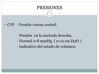 PRESIONES
 CVP : Presión venosa central.
• Presión en la aurícula derecha.
• Normal 0-8 mmHg ( 0-12 cm H2O )
• Indicativo del estado de volumen.
 