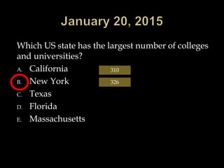 Which US state has the largest number of colleges
and universities?
A. California
B. New York
C. Texas
D. Florida
E. Massachusetts
326
310
 