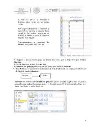 2
7.- Repetir el procedimiento para las demás funciones, que la hoja lleve por nombre
Lineales.
8.- Incluir Bordes a la tabla de color Azul.
9.- Insertar una gráfica para cada función y otra para todas las funciones.
 Para Gráficar seleccionar las columnas A y B de la tabla con sus respectivos títulos, en
la barra de menús seleccionar:
Aparecerá la ventana del asistente de gráficos, en ella se debe elegir el tipo de gráfico
adecuado para graficar funciones, que es el de diagramas XY, seleccionar el subtipo solo
líneas y presionar el botón Siguiente.
6.- Una vez que ya se introdujo la
fórmula, ahora pegar en las demás
celdas.
Para pegar solo colocar el cursor en la
parte inferior derecha y arrastrar hasta
completar las celdas necesarias de
acuerdo al último valor de X, como se
muestra en la imagen.
Automáticamente se generaran las
fórmulas adecuadas para cada fila.
Insertar Gráfico
 