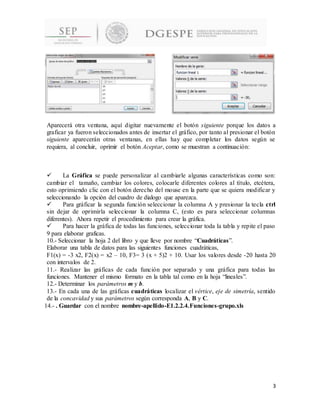3
Aparecerá otra ventana, aquí digitar nuevamente el botón siguiente porque los datos a
graficar ya fueron seleccionados antes de insertar el gráfico, por tanto al presionar el botón
siguiente aparecerán otras ventanas, en ellas hay que completar los datos según se
requiera, al concluir, oprimir el botón Aceptar, como se muestran a continuación:
 La Gráfica se puede personalizar al cambiarle algunas características como son:
cambiar el tamaño, cambiar los colores, colocarle diferentes colores al título, etcétera,
esto oprimiendo clic con el botón derecho del mouse en la parte que se quiera modificar y
seleccionando la opción del cuadro de dialogo que aparezca.
 Para gráficar la segunda función seleccionar la columna A y presionar la tecla ctrl
sin dejar de oprimirla seleccionar la columna C, (esto es para seleccionar columnas
diferentes). Ahora repetir el procedimiento para crear la gráfica.
 Para hacer la gráfica de todas las funciones, seleccionar toda la tabla y repite el paso
9 para elaborar graficas.
10.- Seleccionar la hoja 2 del libro y que lleve por nombre “Cuadráticas”.
Elaborar una tabla de datos para las siguientes funciones cuadráticas,
F1(x) = -3 x2, F2(x) = x2 – 10, F3= 3 (x + 5)2 + 10. Usar los valores desde -20 hasta 20
con intervalos de 2.
11.- Realizar las gráficas de cada función por separado y una gráfica para todas las
funciones. Mantener el mismo formato en la tabla tal como en la hoja “lineales”.
12.- Determinar los parámetros m y b.
13.- En cada una de las gráficas cuadráticas localizar el vértice, eje de simetría, sentido
de la concavidad y sus parámetros según corresponda A, B y C.
14.- . Guardar con el nombre nombre-apellido-E1.2.2.4.Funciones-grupo.xls
 