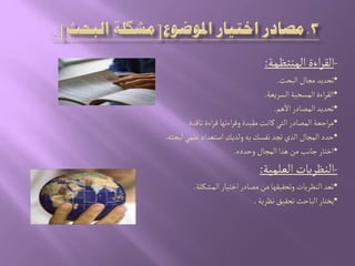 -‫الموجظمة‬‫اءة‬‫ر‬‫الك‬:
•‫البصح‬‫مرال‬‫ثصدِد‬.
•‫الشرِػة‬‫المشصّة‬‫اءة‬‫ر‬‫الك‬.
•‫ًم‬‫ال‬‫المطادر‬‫ثصدِد‬.
•‫هالدة‬‫اءة‬‫ر‬‫ل‬‫اءثٌا‬‫ر‬‫ول‬‫مكّدة‬‫هاهت‬ُ‫الج‬‫المطادر‬‫ازػة‬‫ر‬‫م‬
•‫هفشم‬‫ثرد‬‫الذي‬‫المرال‬‫شدد‬‫بي‬‫لبصدي‬ُ‫غلم‬‫اصجػداد‬‫ولدِم‬.
•‫وشددى‬‫المرال‬‫ًذا‬‫من‬‫زاهب‬‫اخجار‬.
-‫الػلمّة‬‫الوظرِات‬:
•‫المشنلة‬‫اخجّار‬‫مطادر‬‫من‬‫وثصكّكٌا‬‫الوظرِات‬‫ثػد‬.
•‫هظرِة‬‫ثصكّق‬‫الباشح‬‫ِخجار‬.
 