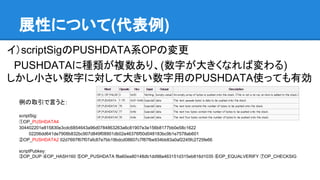 展性について(代表例)
イ）scriptSigのPUSHDATA系OPの変更
　PUSHDATAに種類が複数あり、(数字が大きくなれば変わる)
しかし小さい数字に対して大きい数字用のPUSHDATA使っても有効
例の取引で言うと：
scriptSig:
①OP_PUSHDATA4
304402201e815830e3cdc6854643a96d0784863263a6c81907e3e156b8177bb0e58c1622
02206dd641de7908b832bc907d849f08901db02e46376f50d048183bc9b1e7578ab601
②OP_PUSHDATA2 02d7697f67f07afc87e7bb19bdcd08607c7f87fbe934bb83a0af2245fc2725fe66
scriptPubkey:
③OP_DUP ④OP_HASH160 ⑤OP_PUSHDATA f8a60ea80148db1dd98a463151d315eb816d1035 ⑥OP_EQUALVERIFY ⑦OP_CHECKSIG
 