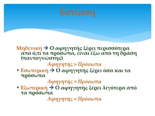 Μηδενική  Ο αφηγητής ξέρει περισσότερα
από ό,τι τα πρόσωπα, είναι έξω από τη δράση
(παντογνώστης)
Αφηγητής > Πρόσωπα
• Εσωτερική  Ο αφηγητής ξέρει όσα και τα
πρόσωπα
Αφηγητής = Πρόσωπα
• Εξωτερική  Ο αφηγητής ξέρει λιγότερα από
τα πρόσωπα
Αφηγητής < Πρόσωπα
Εστίαση
 