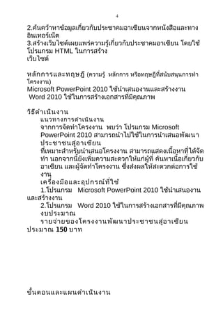 4
2.ค้นคว้าหาข้อมูลเกี่ยวกับประชาคมอาเซียนจากหนังสือและทาง
อินเทอร์เน็ต
3.สร้างเว็บไซต์เผยแพร่ความรู้เกี่ยวกับประชาคมอาเซียน โดยใช้
โปรแกรม HTML ในการสร้าง
เว็บไซต์
หลักการและทฤษฎี (ความรู้ หลักการ หรือทฤษฎีที่สนับสนุนการทำา
โครงงาน)
Microsoft PowerPoint 2010 ใช้นำาเสนองานและสร้างงาน
Word 2010 ใช้ในการสร้างเอกสารที่มีคุณภาพ
วิธีดำาเนินงาน
แนวทางการดำาเนินงาน
จากการจัดทำาโครงงาน พบว่า โปรแกรม Microsoft
PowerPoint 2010 สามารถนำาไปใช้ในการนำาเสนอพัฒนา
ประชาชนสู่อาเซียน
ที่เหมาะสำาหรับนำาเสนอโครงงาน สามารถแสดงเนื้อหาที่ได้จัด
ทำา นอกจากนี้ยังเพิ่มความสะดวกให้แก่ผู้ที่ ค้นหาเนื้อเกี่ยวกับ
อาเซียน และผู้จัดทำาโครงงาน ซึ่งส่งผลให้สะดวกต่อการใช้
งาน
เครื่องมือและอุปกรณ์ที่ใช้
1.โปรแกรม Microsoft PowerPoint 2010 ใช้นำาเสนองาน
และสร้างงาน
2.โปรแกรม Word 2010 ใช้ในการสร้างเอกสารที่มีคุณภาพ
งบประมาณ
รายจ่ายของโครงงานพัฒนาประชาชนสู่อาเซียน
ประมาณ 150 บาท
ขั้นตอนและแผนดำาเนินงาน
 