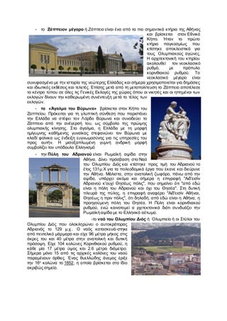 - το Ζάππειον μέγαρο ή Ζάππειο είναι ένα από τα πιο σημαντικά κτήρια της Αθήνας
και βρίσκεται στον Εθνικό
Κήπο. Ήταν το πρώτο
κτήριο παγκοσμίως που
κτίστηκε αποκλειστικά για
τους Ολυμπιακούς αγώνες.
Η αρχιτεκτονική του κτηρίου
ακολουθεί τον νεοκλασικό
ρυθμό, με πρόπυλο
κορινθιακού ρυθμού. Το
νεοκλασικό μέγαρο είναι
συνυφασμένο με την ιστορία της νεώτερης Ελλάδας και σήμερα χρησιμοποιείται για δημόσιες
και ιδιωτικές εκθέσεις και τελετές. Επίσης μετά από τη μεταπολίτευση το Ζάππειο αποτέλεσε
το κέντρο τύπου σε όλες τις Γενικές Εκλογές της χώρας όπου οι νικητές και οι ηττημένοι των
εκλογών δίνουν την καθιερωμένη συνέντευξη μετά το τέλος των
εκλογών.
- το «Άγαλμα του Βύρωνα» βρίσκεται στον Κήπο του
Ζαππείου. Πρόκειται για τη γλυπτική σύνθεση που παριστάνει
την Ελλάδα να στέφει τον Λόρδο Βύρωνα και συνοδεύει το
Ζάππειο από την ανέγερσή του, ως σύμβολο της πρώιμης
ολυμπιακής κίνησης. Στο άγαλμα, η Ελλάδα με τη μορφή
ημίγυμνης καθήμενης γυναίκας στεφανώνει τον Βύρωνα με
κλαδί φοίνικα ως ένδειξη ευγνωμοσύνης για τις υπηρεσίες του
προς αυτήν. Η μισοξαπλωμένη γυμνή ανδρική μορφή
συμβολίζει τον υπόδουλο Ελληνισμό
- την Πύλη του Αδριανού είναι Ρωμαϊκή αψίδα στην
Αθήνα. Δίνει πρόσβαση στο Ναό
του Ολυμπίου Διός και κτίστηκε προς τιμή του Αδριανού το
έτος 131μ.Χ για τα πολεοδομικά έργα που έκανε και διεύρυνε
την Αθήνα. Μάλιστα, στην ανατολική ζωφόρο, πάνω από την
αψίδα, υπάρχει ακόμα και σήμερα η επιγραφή "Αιδ'εισίν
Αδριανού κ'ουχί Θησέως πόλις", που σημαίνει ότι "από εδώ
είναι η πόλη του Αδριανού και όχι του Θησέα". Στη δυτική
πλευρά της πύλης, η επιγραφή αναφέρει "Αιδ'εισίν Αθήναι,
Θησέως η πριν πόλις", ότι δηλαδή, από εδώ είναι η Αθήνα, η
προηγούμενη πόλη του Θησέα. Η Πύλη είναι κορινθιακού
ρυθμού, ενώ καινοτομεί α ρχιτεκτονικά διότι συνδυάζει την
Ρωμαϊκή αψίδα με το Ελληνικό αέτωμα.
-το ναό του Ολυμπίου Διός ή Ολυμπιείο ή οι Στύλοι του
Ολυμπίου Διός που ολοκληρώνει ο αυτοκράτορας
Αδριανός το 129 μ.χ.. Ο ναός κατασκευά-στηκε
από πεντελικό μάρμαρο και είχε 96 μέτρα μήκος στις
άκρες του και 40 μέτρα στην ανατολική και δυτική
πρόσοψη. Είχε 104 κολώνες Κορινθιακού ρυθμού, η
κάθε μία 17 μέτρα ύψος και 2.6 μέτρα διάμετρο.
Σήμερα μόνο 15 από τις αρχικές κολόνες του ναού
παραμένουν όρθιες. Ένας θυελλώδης άνεμος έριξε
την 16η
κολώνα το 1852, η οποία βρίσκεται στο ίδιο
ακριβώς σημείο.
 