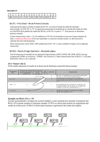 Word Bits S7
8 7 6 5 4 3 2 1 0
BR CC0 CC1 OV OS OR STA RLO /FC
Bit /FC – Firts Check – Bit de Primera Consulta
Cada operación lógica consulta el estado del bit /FC, así como el estado de señal del operando
direccionado. Si el bit /FC es ”0”, la operación almacenará el resultado de la consulta del estado de señal
en el bit RLO de la palabra de estado (bit RLO) y el bit /FC se pone a ”1”. Este proceso se denomina
primera consulta.
Ciertas instrucciones como =, S y R establecen el /FC bit a 0 iniciando así una nueva lógica después de
ellas: condicionesacciones (Con esos operandos, se cierra la consulta actual y se abre una nueva
(además del inicio del programa).
Otras instrucciones como AND o OR establecerán el bit / FC a 1 para combinar la lógica con la siguiente
instrucción.
Bit RLO – Result of Logic Operation – Resultado Lógico
Este bit almacena el resultado de una operación lógica binaria (AND, NAND, OR, NOR, NOT) o de una
comparación (XOR--or exclusiva--, XNOR --nor exclusiva--). Otras instrucciones leen el RLO (=, S, R) para
determinar cómo se van a ejecutar.
STA “Status” (bit 2)
El bit estado almacena el estado de la dirección de Booleana actual (bit direccionado).
Ejemplo con RLO, STA y / FC
Si estás acostumbrado a la lógica de escalera (ladder) y estas luchando por entender el propósito del
RLO y STA puede ayudarte el siguiente ejemplo. El STA se utiliza para realizar un seguimiento del
estado de la direccion. El RLO se utiliza para mantener seguimiento del estado del renglón.
 