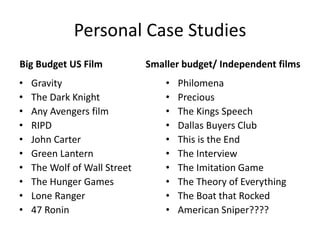 Personal Case Studies
Big Budget US Film
• Gravity
• The Dark Knight
• Any Avengers film
• RIPD
• John Carter
• Green Lantern
• The Wolf of Wall Street
• The Hunger Games
• Lone Ranger
• 47 Ronin
Smaller budget/ Independent films
• Philomena
• Precious
• The Kings Speech
• Dallas Buyers Club
• This is the End
• The Interview
• The Imitation Game
• The Theory of Everything
• The Boat that Rocked
• American Sniper????
 
